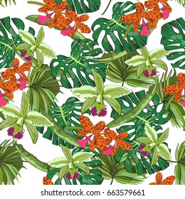 Seamless vector pattern of hand drawn flowers and leaves. Tropical background.