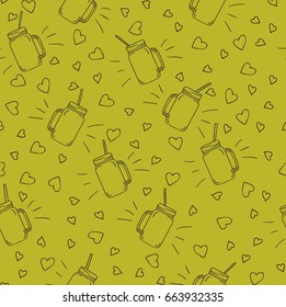 Seamless vector pattern. Hand drawn smoothie cups and love hearts pattern on the bright green background. 