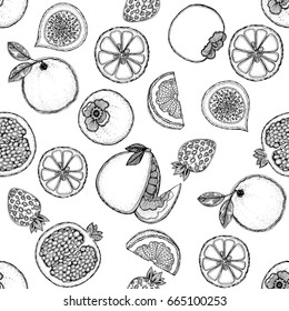 Seamless vector pattern of hand drawn sketch style fruits.