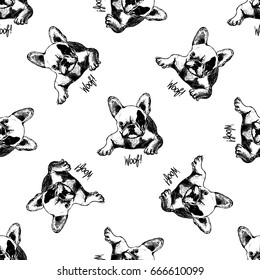 Seamless vector pattern of hand drawn sketch style bulldogs.