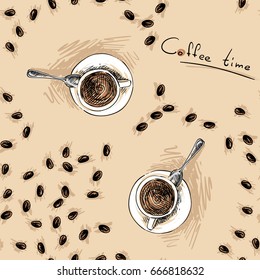 Seamless vector pattern with hand drawn cups and beans, Coffee time theme background