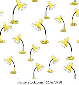 Seamless vector pattern with hand drawn yellow retro table lamp on white background