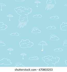 Seamless vector pattern with hand drawn simple umbrellas and clouds in line art style white on blue background, Weather theme