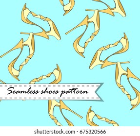 Seamless vector pattern of hand drawn shoes. Yellowon blue