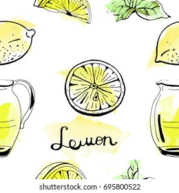 Seamless vector pattern of hand drawn lemonade, lemon and mint on watercolor background.