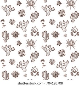 Seamless vector pattern with hand drawn cactus plants, agave and Mexican ornament