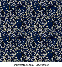 Seamless vector pattern with hand drawn calligraphic swashes and theatre masks (tragic and comic)