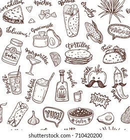 Seamless vector pattern with hand drawn Mexican food. 