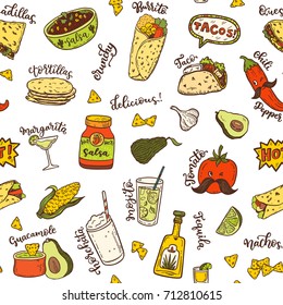 Seamless vector pattern with hand drawn Mexican food