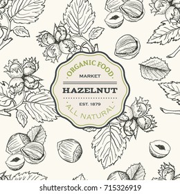 Seamless vector pattern with hand drawn hazelnut. Branch, leaves and fruits. Sketches of nuts in vintage style