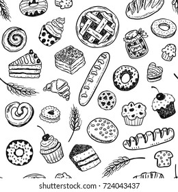 Seamless vector pattern with hand drawn doodle bakery products and pastries