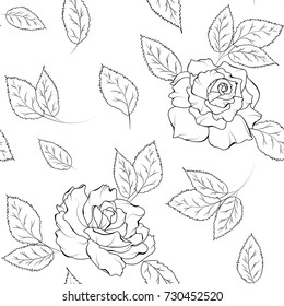 Seamless vector pattern of hand drawn rose flowers and leaves. Black outline on white background. Simple floral design element. Rosa flowering plant.