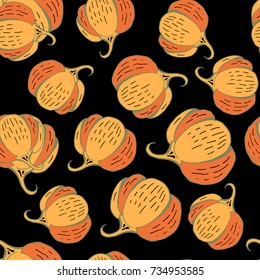 Seamless vector pattern with hand drawn pumpkin elements on dark background. Good for wrapping paper, gift and book cover, decoration, greeting and invitation card