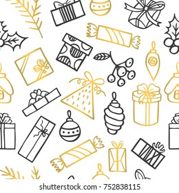 Seamless vector pattern with hand drawn gift boxes and Christmas decorations