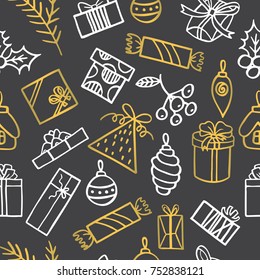 Seamless vector pattern with hand drawn gift boxes and Christmas decorations