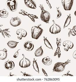 seamless vector pattern with hand drawn vegetables. food sketch pattern