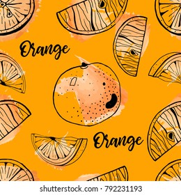 Seamless vector pattern of hand drawn orange and orange slices on watercolor background.