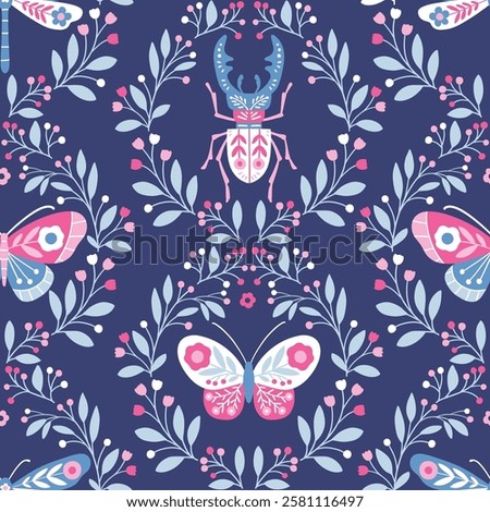 Seamless vector pattern with hand drawn butterfly, dragonfly and stag beetle in floral wreath. Cute patterned insect illustration. Perfect for textile, wallpaper or print design. EPS10 vector file.