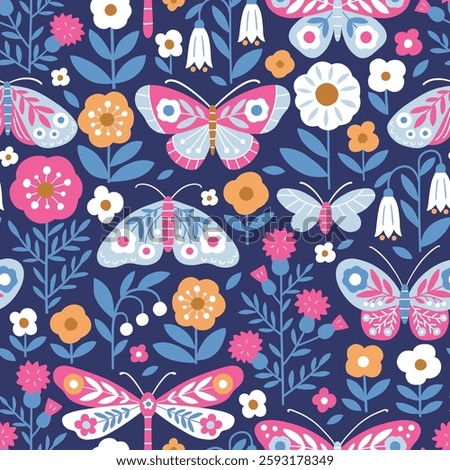 Seamless vector pattern with hand drawn butterfly, dragonfly on floral background. Modern boho floral illustration. Perfect for textile, wallpaper or nursery print design. EPS10 vector file.