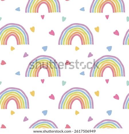Seamless vector pattern with hand drawn rainbows and hearts in pastel colors. Playful Crayon doodle style. Ideal for kids design, textile print, baby products, nursery decor, wrapping paper