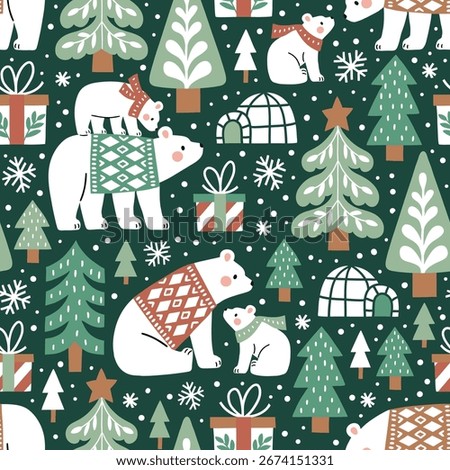 Seamless vector pattern with hand drawn polar bears in snowy winter woodland. Cute polar bears in warm clothes. Perfect for textile, wallpaper or nursery print design.