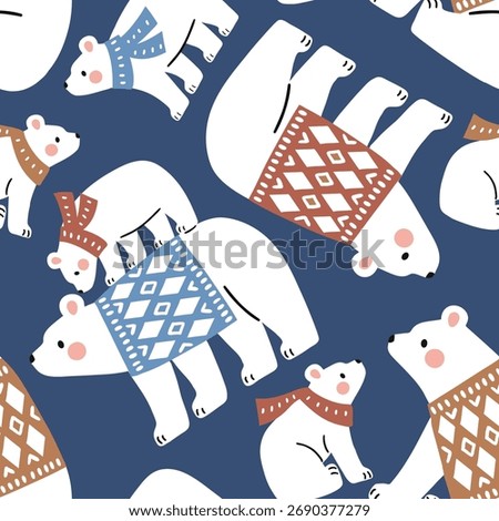 Seamless vector pattern with hand drawn polar bears on ice board. Cute polar bears in warm clothes. Perfect for textile, wallpaper or nursery print design.
