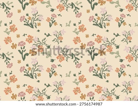 Seamless vector pattern with hand drawn rustic wildflowers and paint brush texture. Artistic botanical illustration with meadow floral motif on beige background for country style textile, wallpaper, and apparel print.