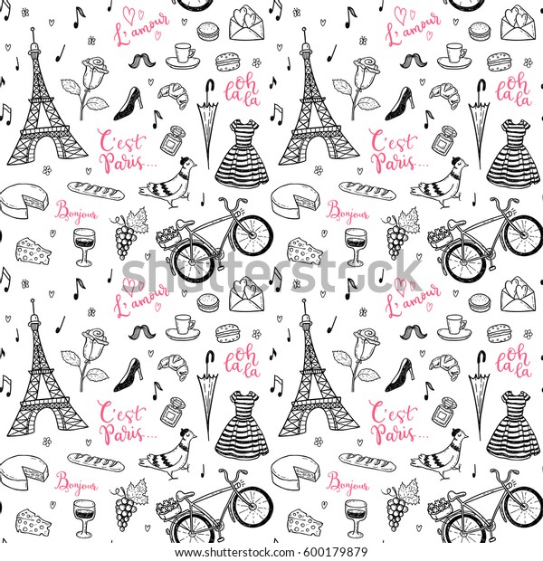 Seamless vector pattern with hand drawn Paris,\
France symbols\
doodles.