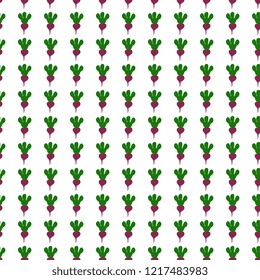 Seamless vector pattern of hand made, artistic, purple beets with green leaves, on a white background. Appetizing illustration from the garden. Beautiful tile, wrapper, cover, textile, postcard, wallp