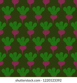 Seamless vector pattern of hand made, artistic, purple beets with green leaves, on a dark green background. Appetizing illustration from the garden. Beautiful tile, wrapper, cover, textile, postcard, 