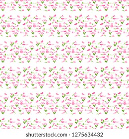 Seamless vector pattern from hand made, artistic, tulips and hearts, 8 March on a white background. Festive illustration, textured. Beautiful tile, wrapping, textile, cards, wallpaper design.
