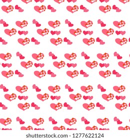 Seamless vector pattern of hand made, artistic with pink, red hearts on white background. Illustration on Valentine's Day. Beautiful tile, wrapper, wallpaper design, textiles, postcard.
