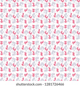 Seamless vector pattern of hand made, artistic with red hearts and purple flowers on a white background. Illustration to the day of Saint Valentine. Beautiful tile, wrapping, textile, cards, wallpaper
