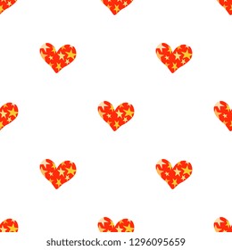 
Seamless vector pattern of hand made, artistic with red hearts, stars on white background. Valentine's day illustrations. Beautiful tile, film, cover, textile, postcard, wallpaper design.

