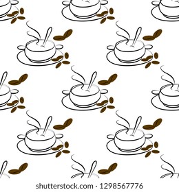 Seamless vector pattern of hand made, artistic with brown coffee grains with a cup on a white background. Fragrant illustration. Beautiful tile, wrapper, cover, textile, postcard, wallpaper design.