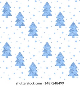 Seamless vector pattern from hand made, artistic with blue Christmas trees and snowflakes on a white background, with an old vintage texture. New Year illustration for hoop, surface, packaging, postca