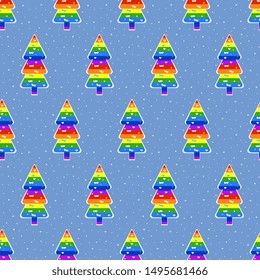 Seamless vector pattern from hand made, artistic, Christmas trees made of rainbow, snowfall, hearts on a blue background. New Year illustration for hoop, surface, packaging, postcard.