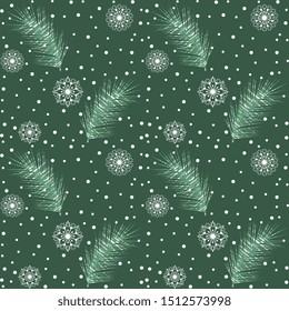 Seamless vector pattern from hand made, artistic with white fir branches, snowfall on a green background. New Year illustration for hoop, surface, packaging, postcard.