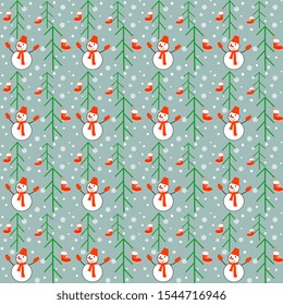 Seamless vector pattern from hand made, artistic, cartoon Christmas trees, funny snowmen, snowfall on a bluish background. New Year illustration for hoop, surface, packaging, postcard.