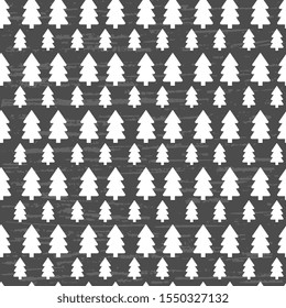 Seamless vector pattern from hand made, artistic with white Christmas trees of different sizes on a gray background, with an old vintage texture. New Year illustration for hoop, surface, packaging, 