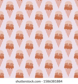 Seamless vector pattern from hand made, artistic with chocolate ice cream in a waffle cone, with an old vintage texture. Appetizing illustration 