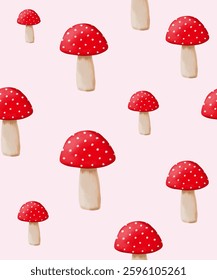 Seamless Vector Pattern With Hand Painted Large Toadstools. Red Mushrooms With White Dots. Repeatable Print With Fly Agarics. Cute Hand Drawn Toadstools on a Pastel Pink Background. RGB Colors.