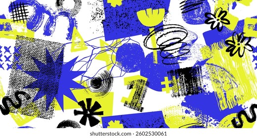 Seamless vector pattern. Hand painted bold brush strokes, curves, scribbles, textures. Hand drawn grunge art lines,  paper cut  shapes. Abstract collage endless pattern. 