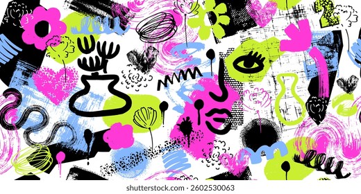 Seamless vector pattern. Hand painted bold brush strokes, curves, scribbles, textures. Hand drawn grunge art lines,  paper cut  shapes. Abstract collage endless pattern. 