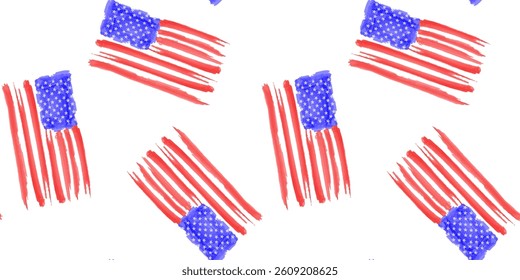 seamless vector pattern with hand painted american flags, watercolor usa flag texture background for independence day, patriotic holiday or flag day decoration