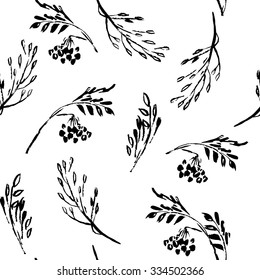 Seamless vector pattern with hand painted black ink  branches and leaves