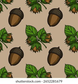 Padrão de vetor sem costura de bolotas desenhadas à mão e avelãs em um fundo bege, apresentando ilustrações detalhadas de nozes e folhas em uma paleta de cores de outono natural.