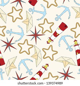 Seamless vector pattern with hand-drawn anchor, lighthouse, rope star and paper boat