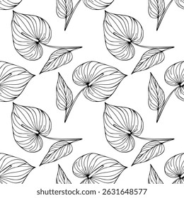 Seamless vector pattern of hand-drawn Anthurium flowers and leaves in elegant line art style, perfect for textile, wallpaper, or packaging design.
