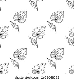 Padrão vetorial contínuo de flores e folhas de antúrio desenhadas à mão em um estilo de arte de linha preta minimalista, perfeito para projetos de design elegantes.